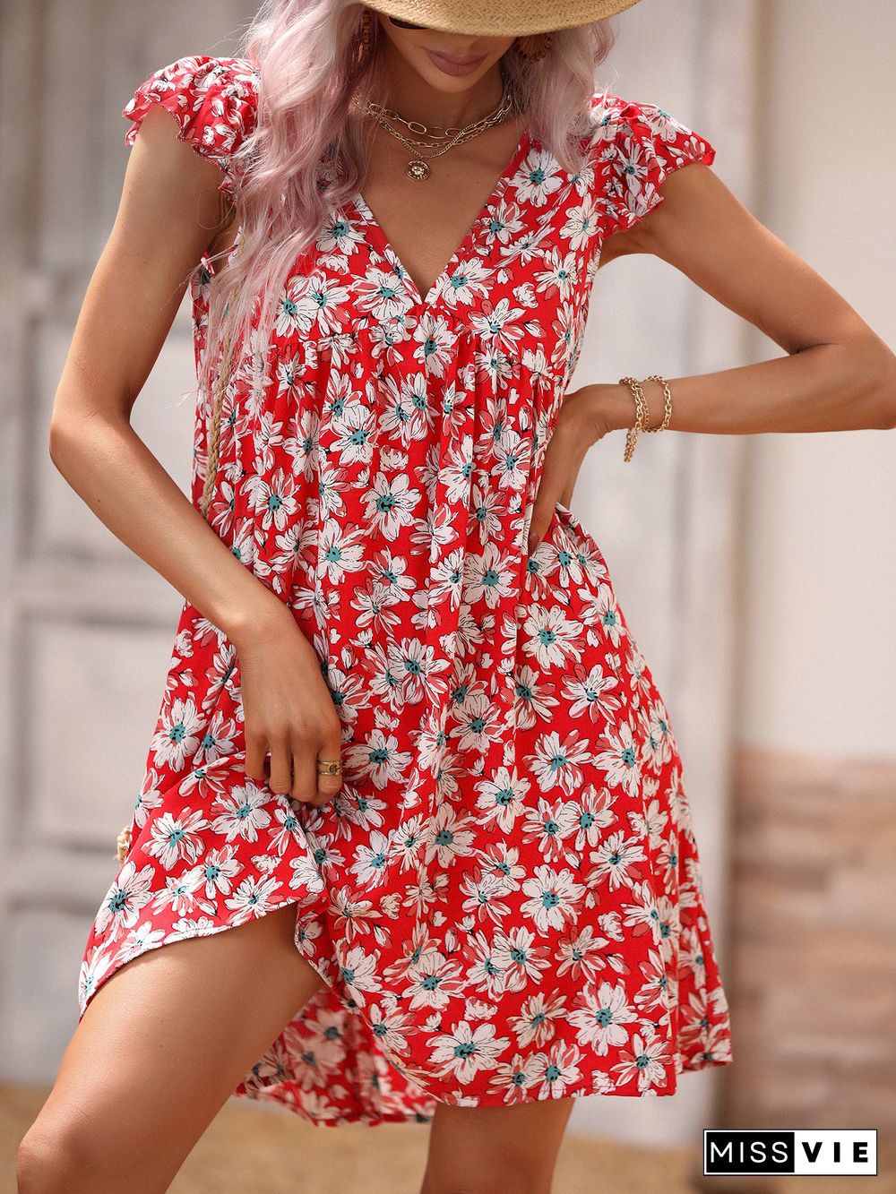 Casual Sexy Floral Print Dresses Women Summer Dress New Red Deep V-Neck Ruffle Short Flying Sleev Elegant A-line Mini Dress