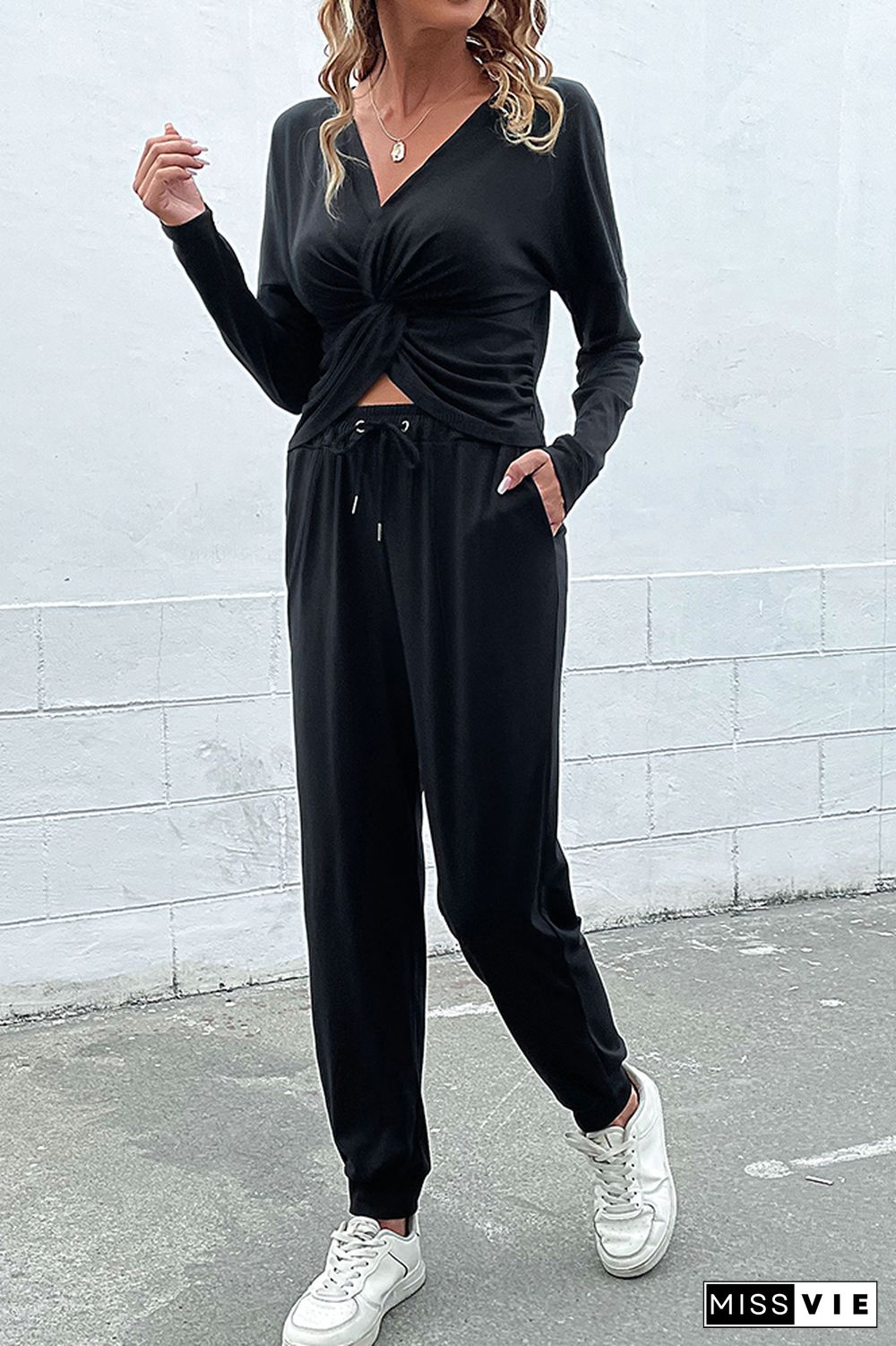 Black V Neck Twisted Crop Top 2pcs Pant Set