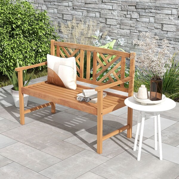 Costway Patio Acacia Wood 2Person Slatted Bench Outdoor Loveseat