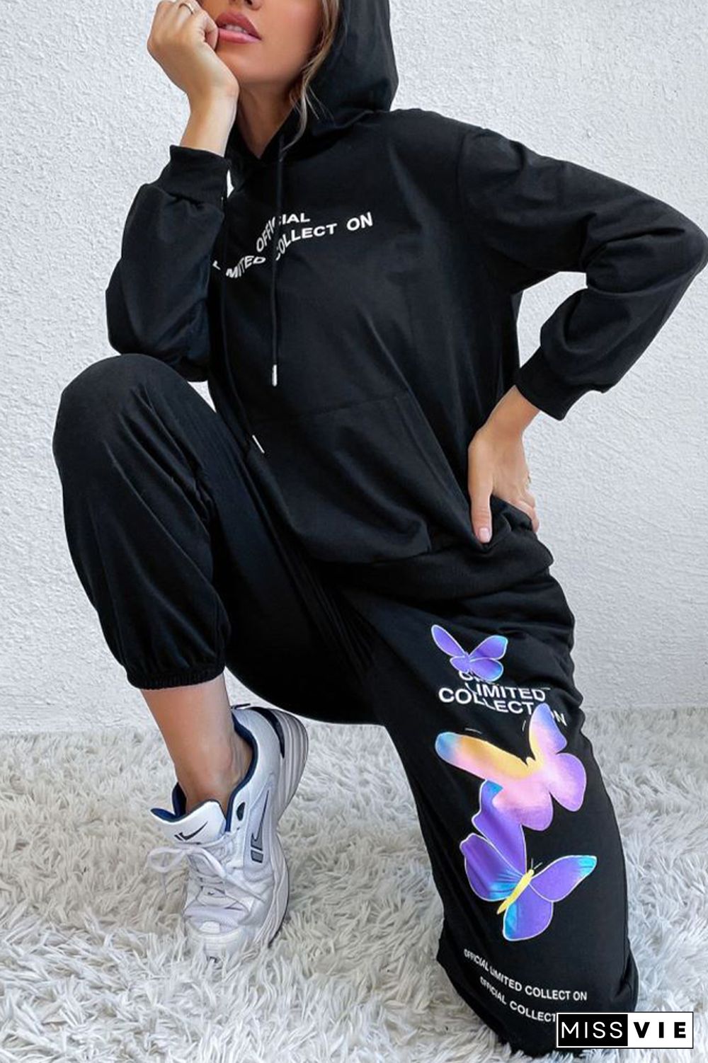 Black Drawstring Hoodie And Printing Pants 2PCS Set