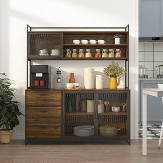 FUFUGAGA 59 in. W Kitchen Brown Wood Buffet Sideboard Pantry Cabinet For Dining Room with Metal Mesh Doors 3-Drawers Shelves KF210150-012