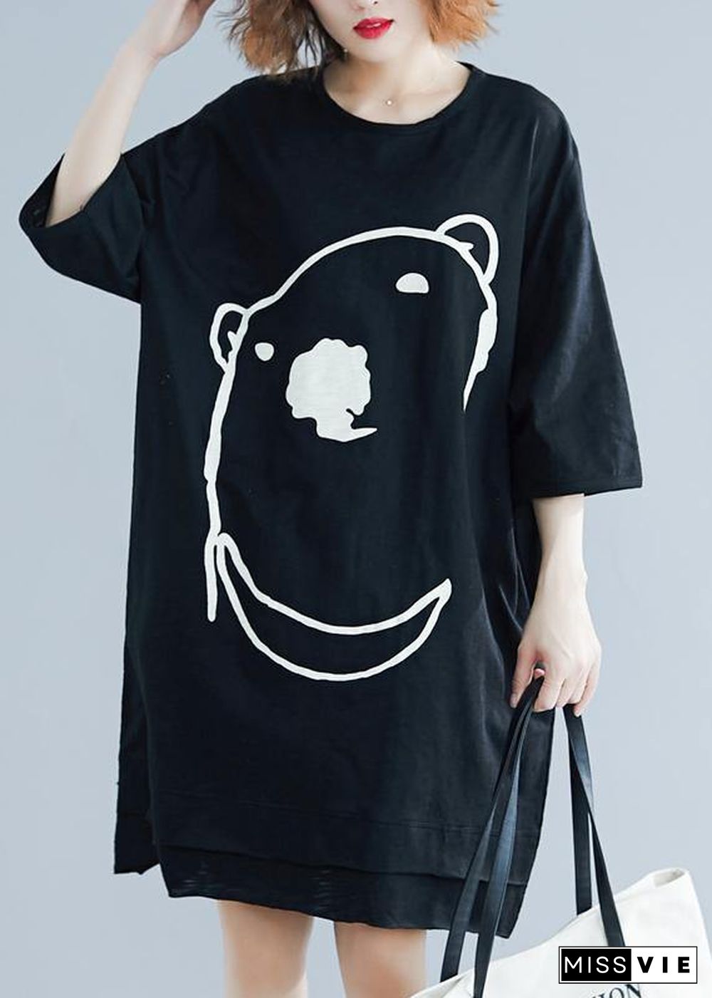 DIY black Cartoon print Cotton Tunics o neck Art summer Dress