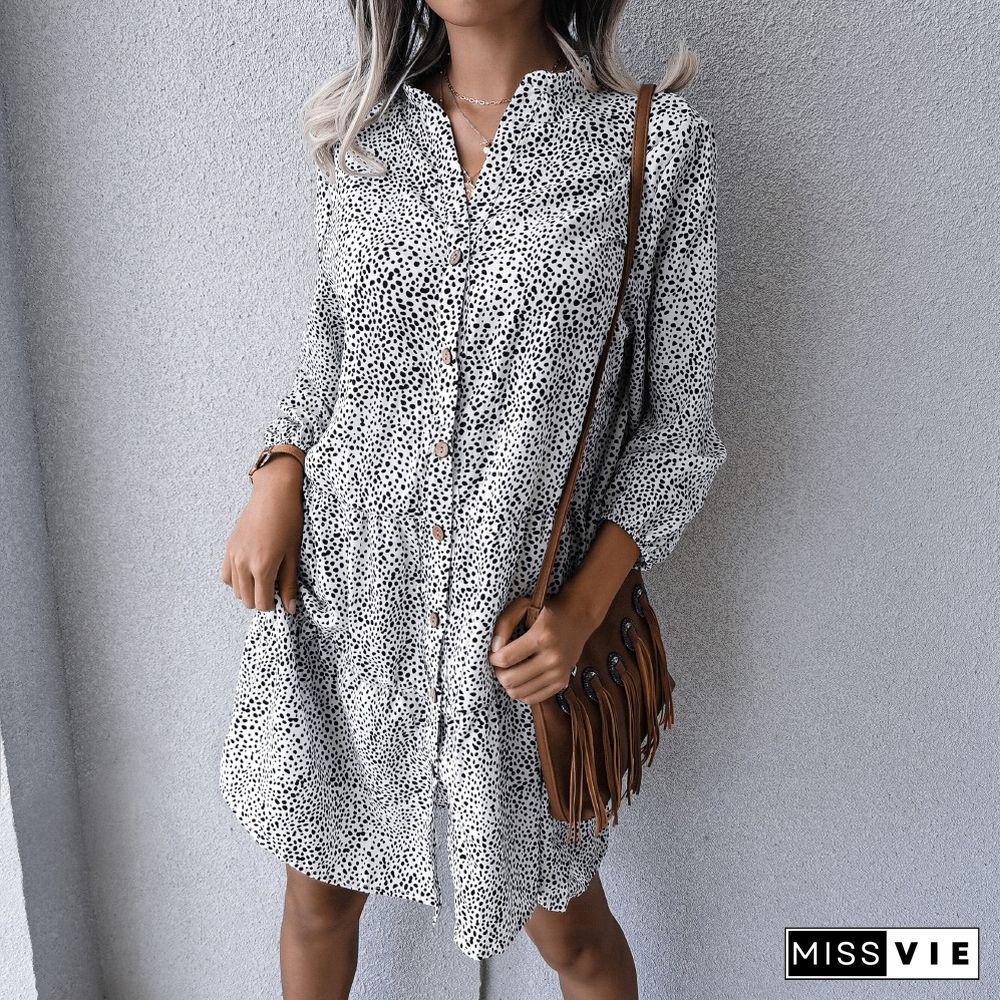 Elegant Women Polka Dot Shirt Chiffon Dress Summer Autumn Casual Loose Stand Collar Button A Line Print Dress Women Vestido