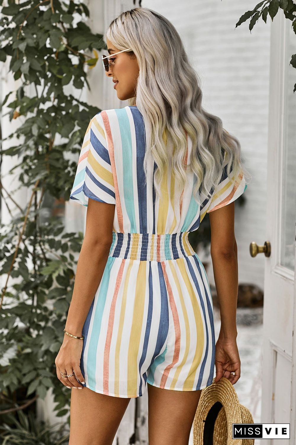 Striped Print V-neck Button Romper