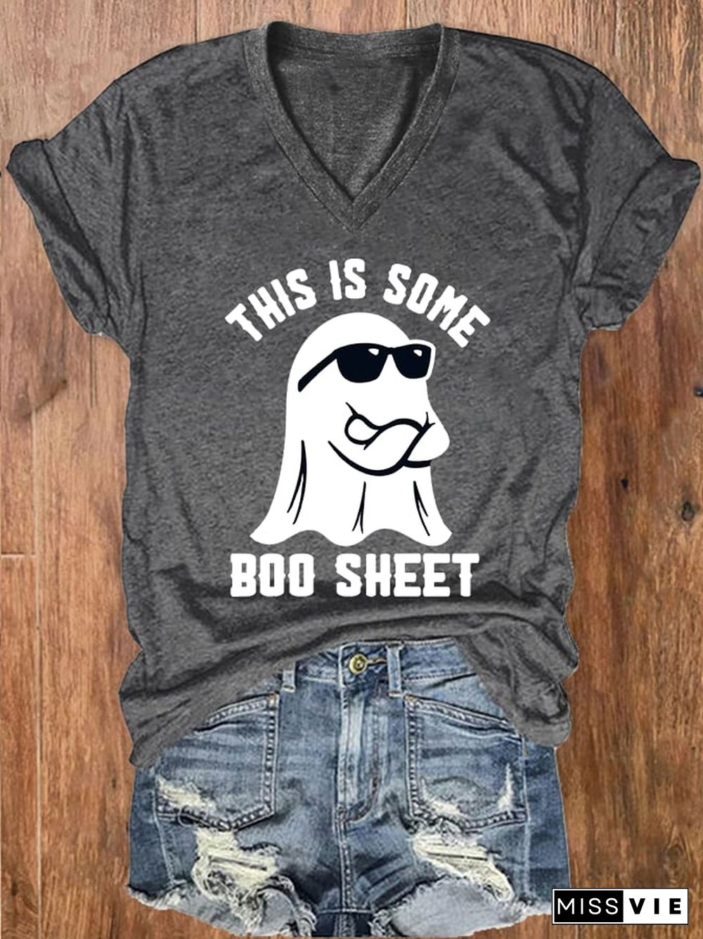 Women's Halloween This Is Some Boo Sheet Print V-Neck T-Shirt