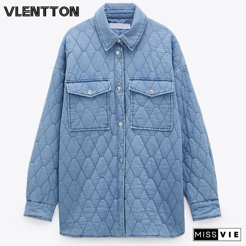 New Autumn Winter Women Coat Oversize Vintage Blue Parka Coat Casual Pockets Warm Loose Cotton Denim Outwear