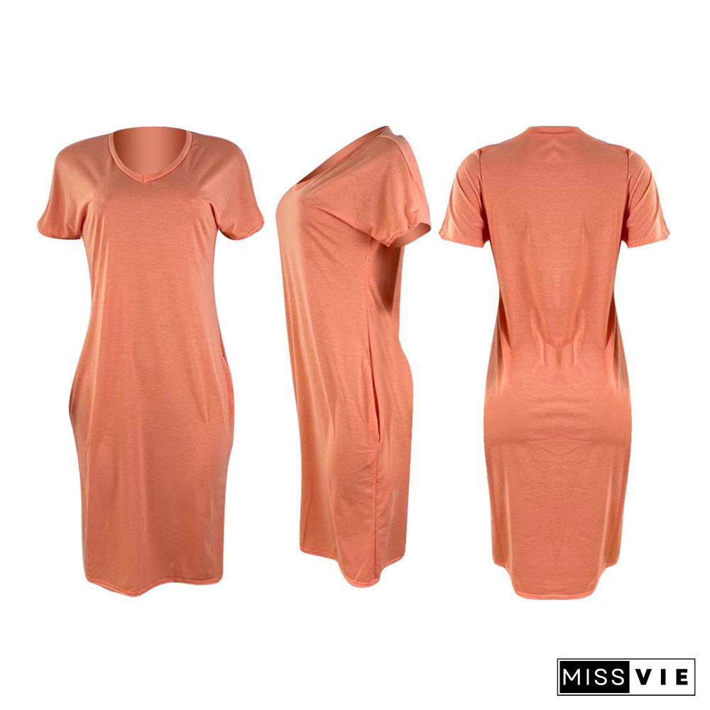 Summer Solid Color Short Sleeve V Neck Loose T Shirt Dress