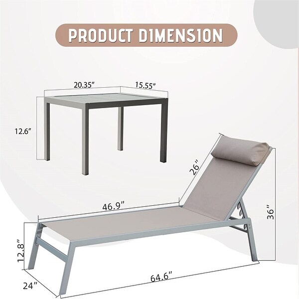 3-Piece Outdoor Chaise Lounge Adjustable Back with Table and Headrest - N/A - Overstock - 37952818