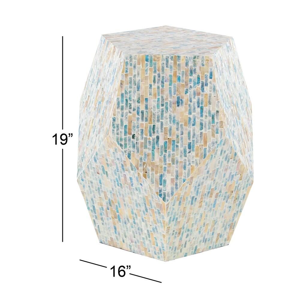 Cream or Blue Multi Color Shell Coastal Contemporary Accent Side Table   16 x 16 x 19