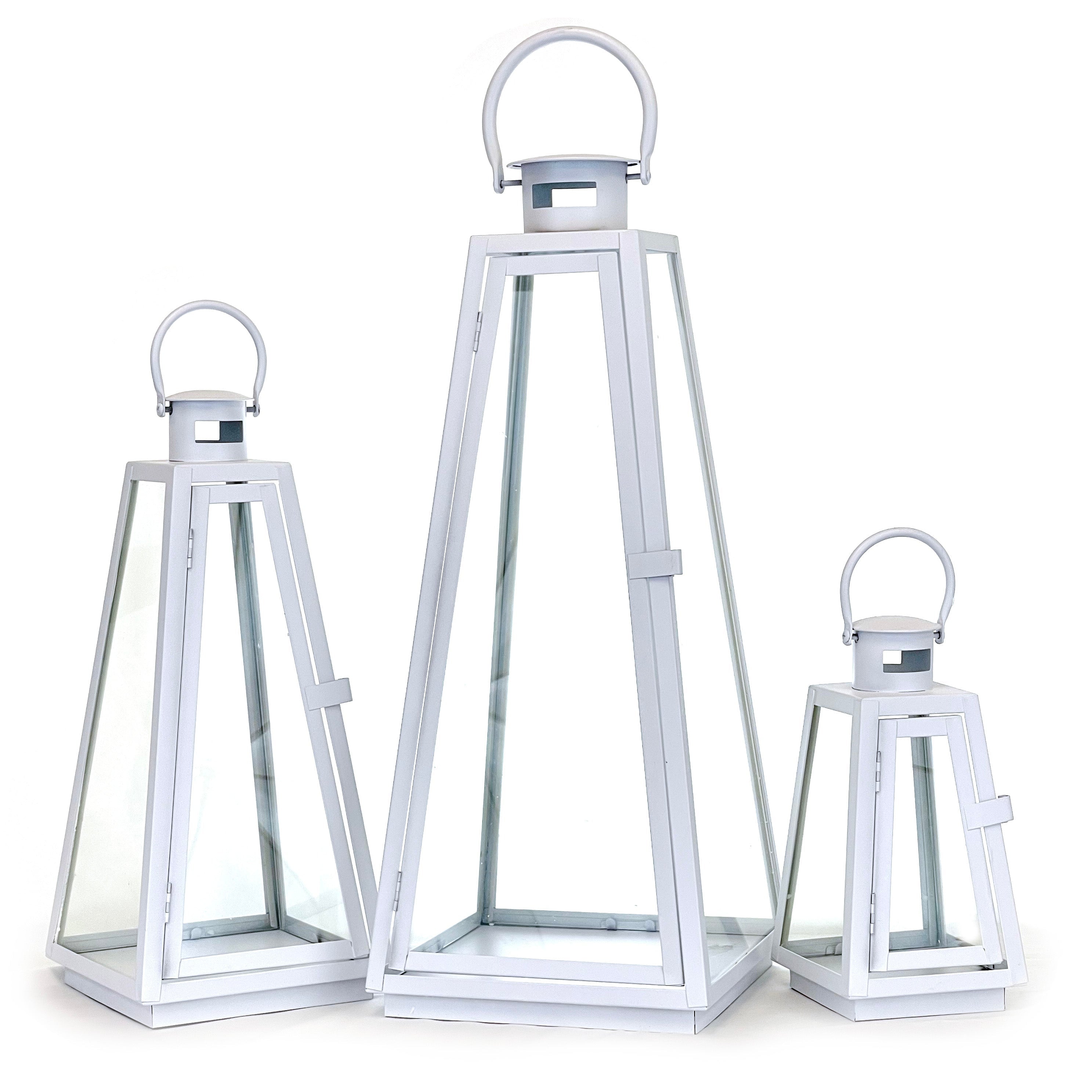 Allgala 3-PC Set Jumbo Luxury Modern Indoor/Outdoor Hurricane Candle Lantern Set With Chrome Plated Structure and Tempered Glass-Taper White-HD88025