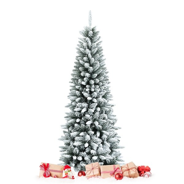 6.5FT Slim Snow Flocked Christmas Tree Hinged Pencil Tree with Stand