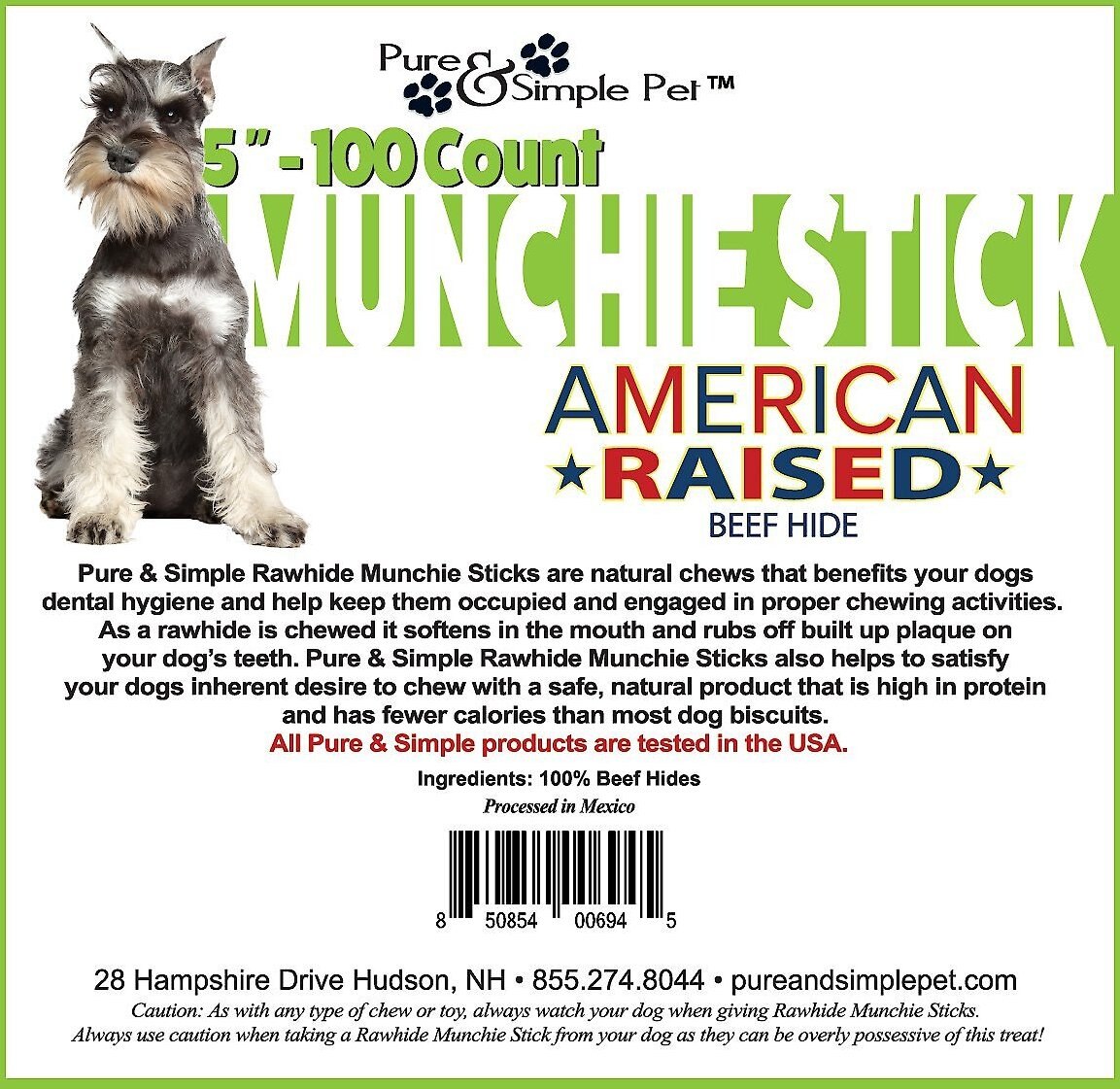 Pure and Simple Pet Rawhide Munchie Sticks Dog Treat， 5-in