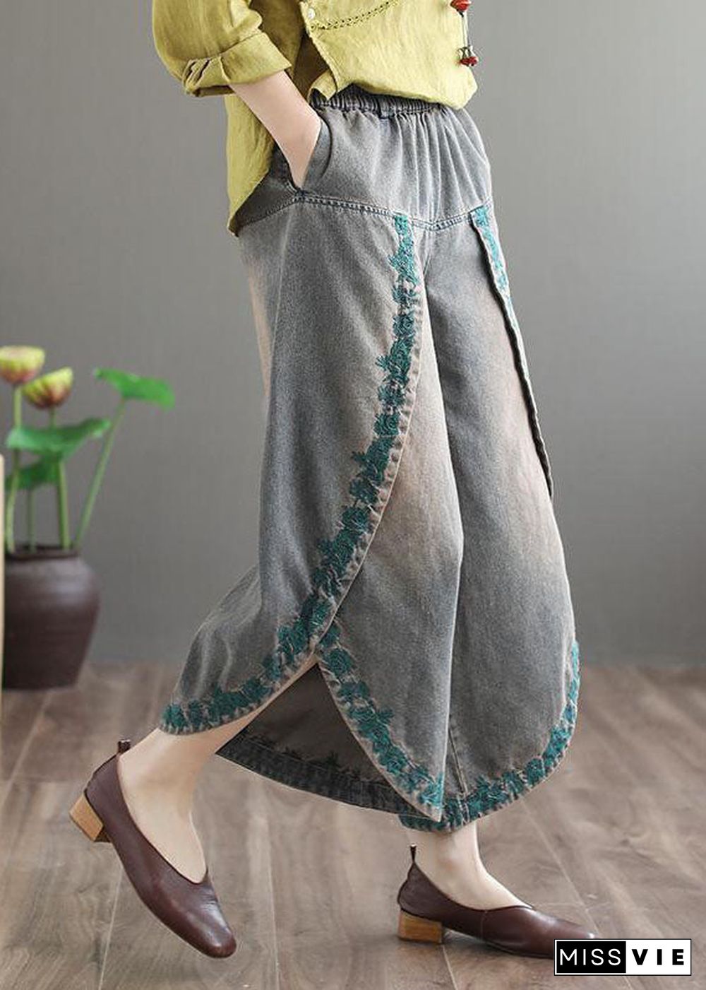 French Blue Pockets Embroideried Fall Denim Wide Leg Pants