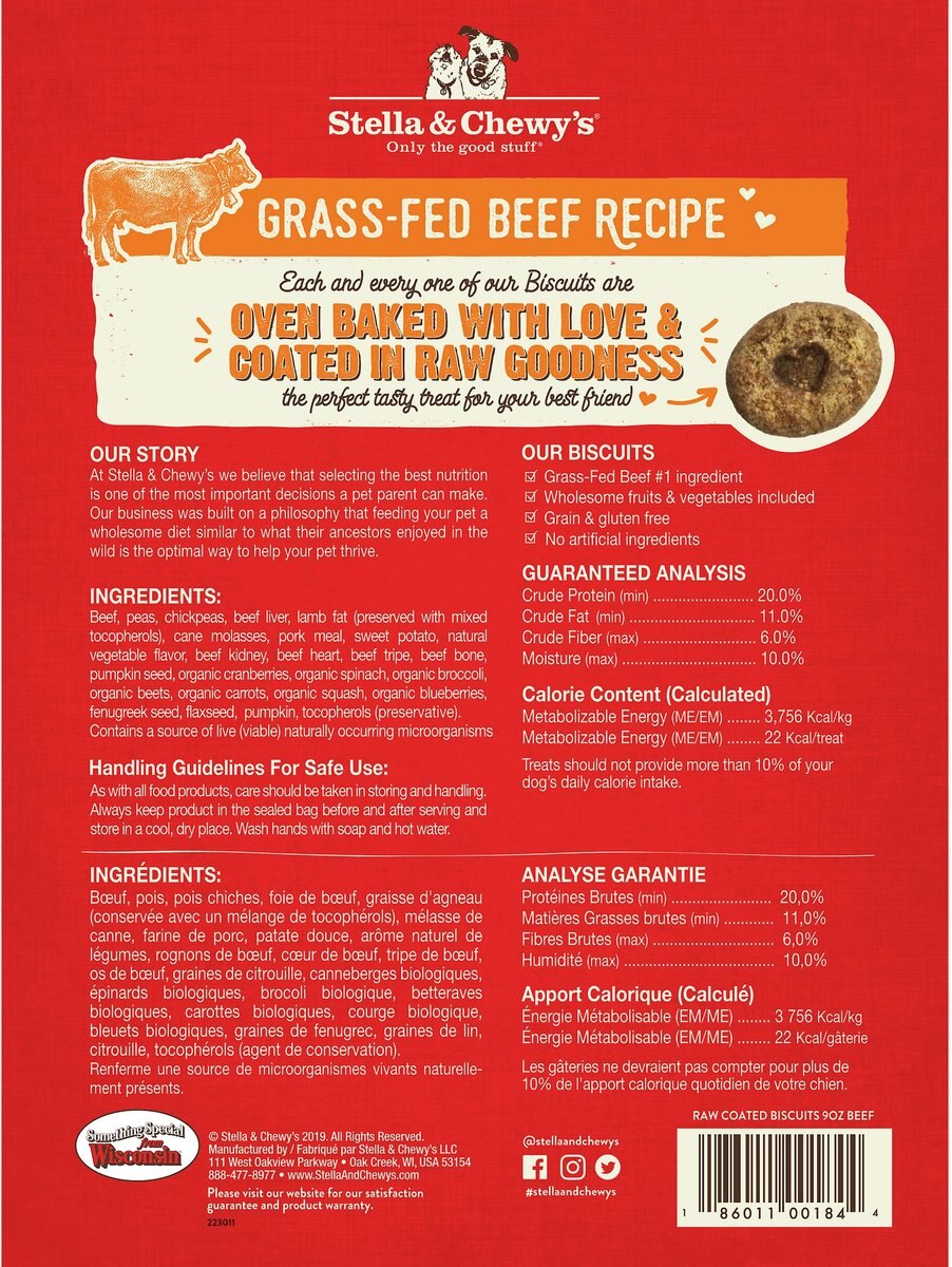 Stella and Chewy's Raw Coated Biscuits Grass-Fed Beef Recipe Freeze-Dried Grain-Free Dog Treats， 9-oz bag