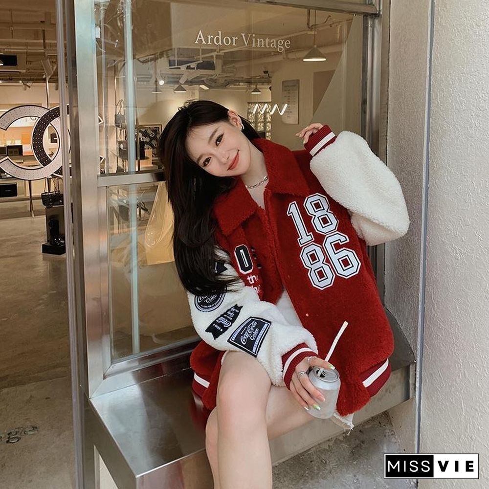 Winter Fall Korean Fashion Faux Lambswool Cropped Jacket Women Letters Patch Designs Colorblock Baseball Uniform Jacket New