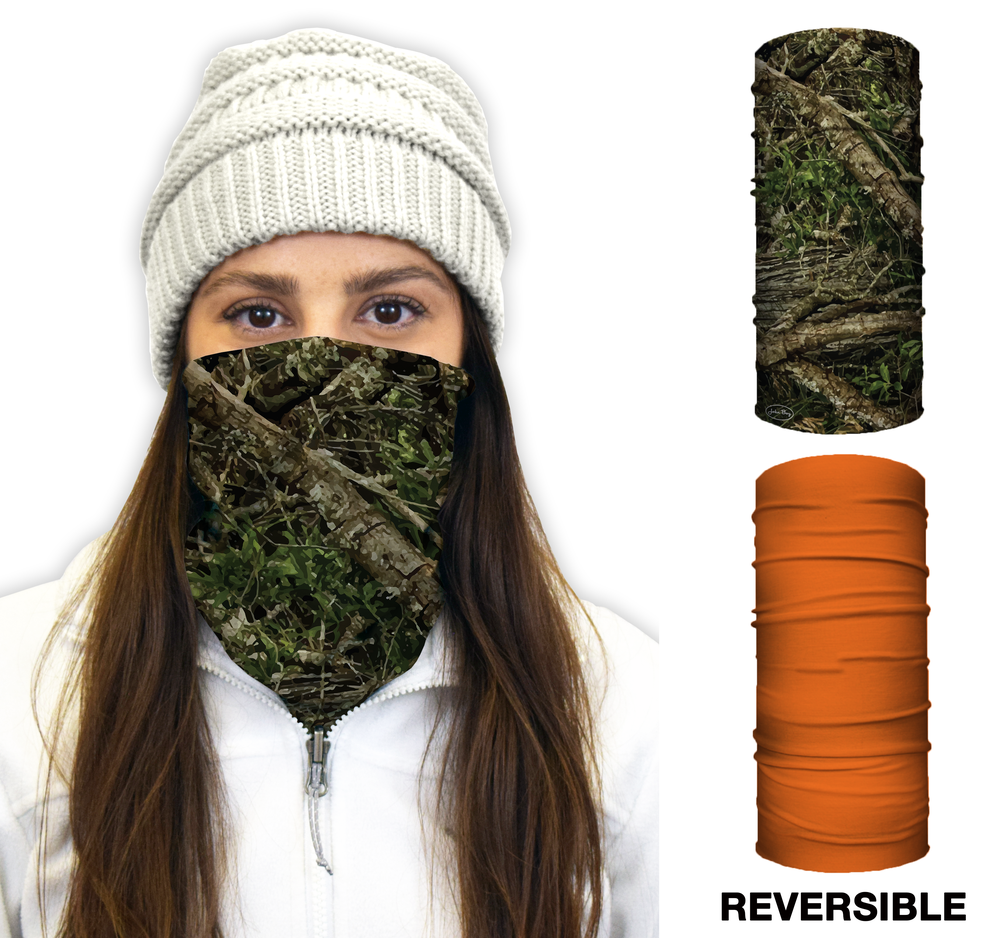 John Boy Thermal Face Guard ; Reversible Tree Camo and Orange Pattern