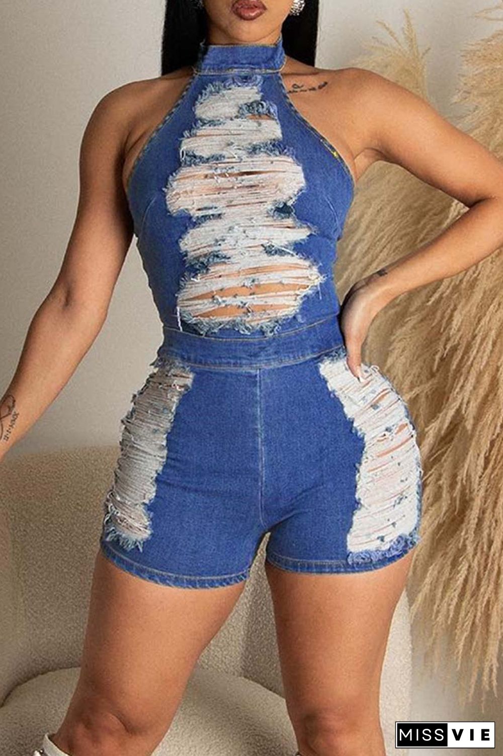 Blue Sexy Casual Solid Ripped Backless Halter Sleeveless Skinny Denim Romper