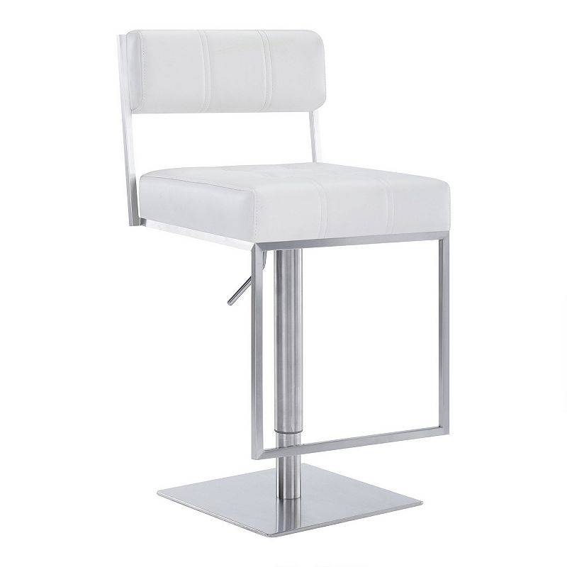 35 Inch Metal and Leatherette Barstool， Silver and White