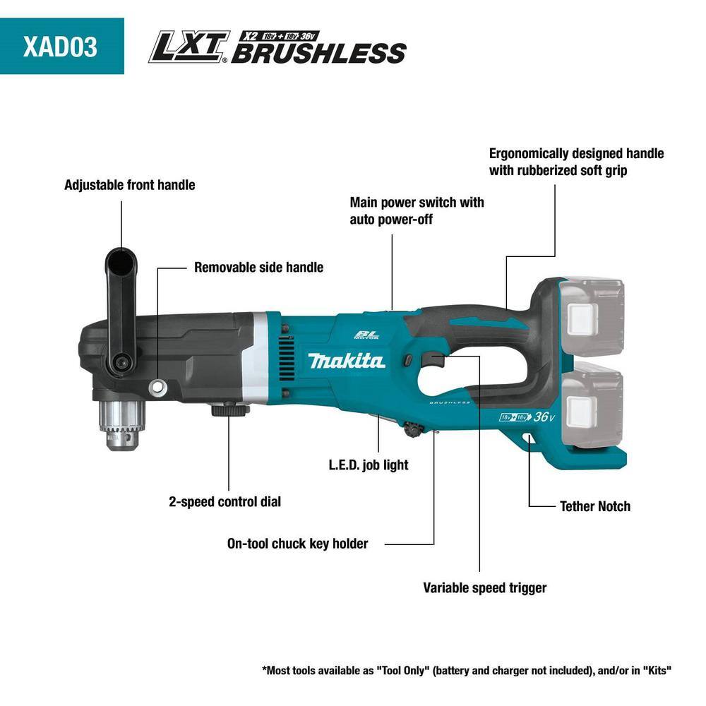 Makita 18V X2 (36V) 5.0 Ah LXT Lithium-Ion Brushless Cordless 12 in. Right Angle Drill Kit XAD03PT