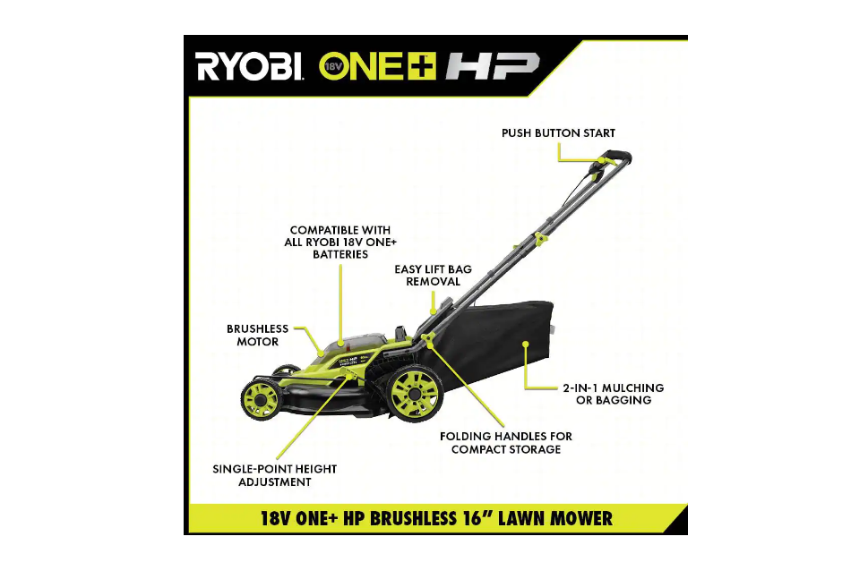 RYOBI P1190VNM ONE+ HP 18V Brushless 16 in. Cordless Battery Walk Behind Push Lawn Mower with (2) 4.0 Ah Batteries and (1) Charger