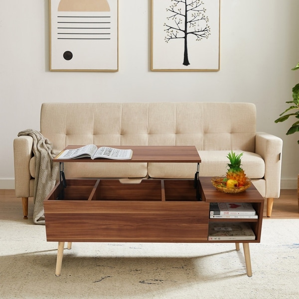 Wood Lift Top Coffee Table w/ Hidden Storage Compartments and Shelves