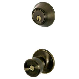 ESSENTIALS by Schlage Brill Antique Brass Single Cylinder Deadbolt and Keyed Entry Door Knob Combo Pack VC60 V BRL 609