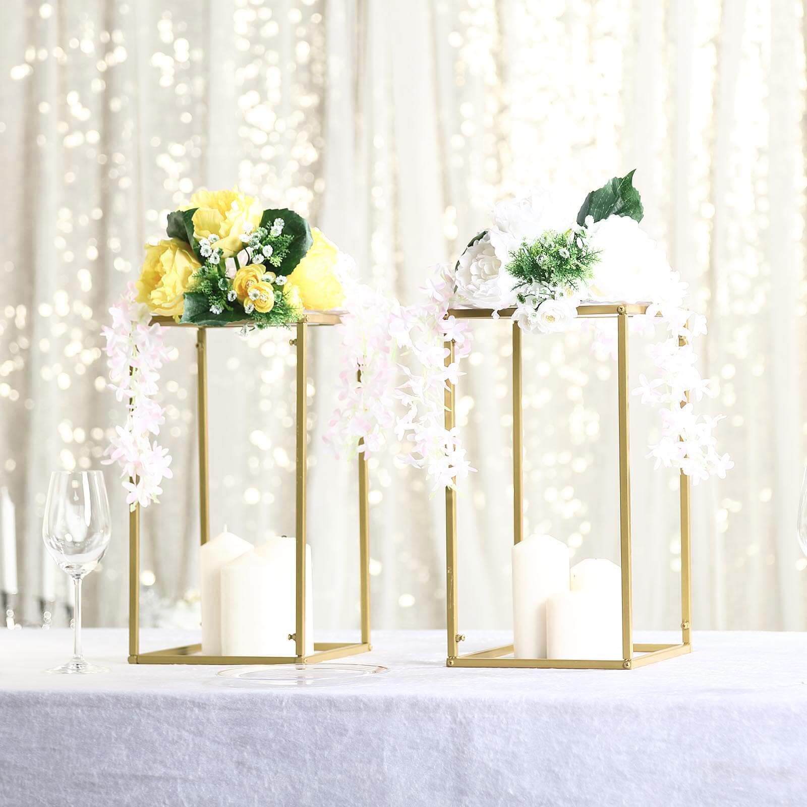 2 Pack Rectangular Gold Metal Wedding Flower Stand, Geometric Column Frame Centerpiece 16