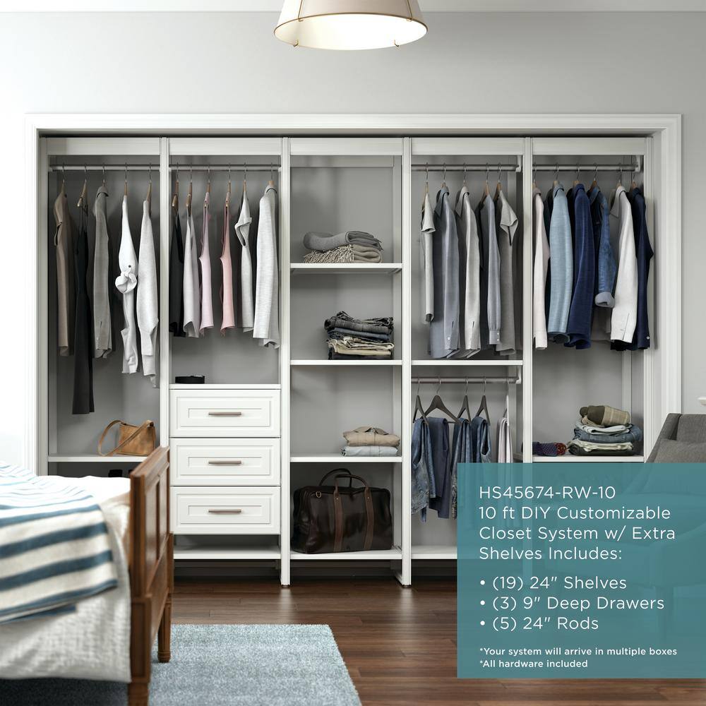 CLOSETS By LIBERTY 113 in. W White Adjustable Tower Wood Closet System with 3 Drawers and 19 Shelves HS45674-RW-10