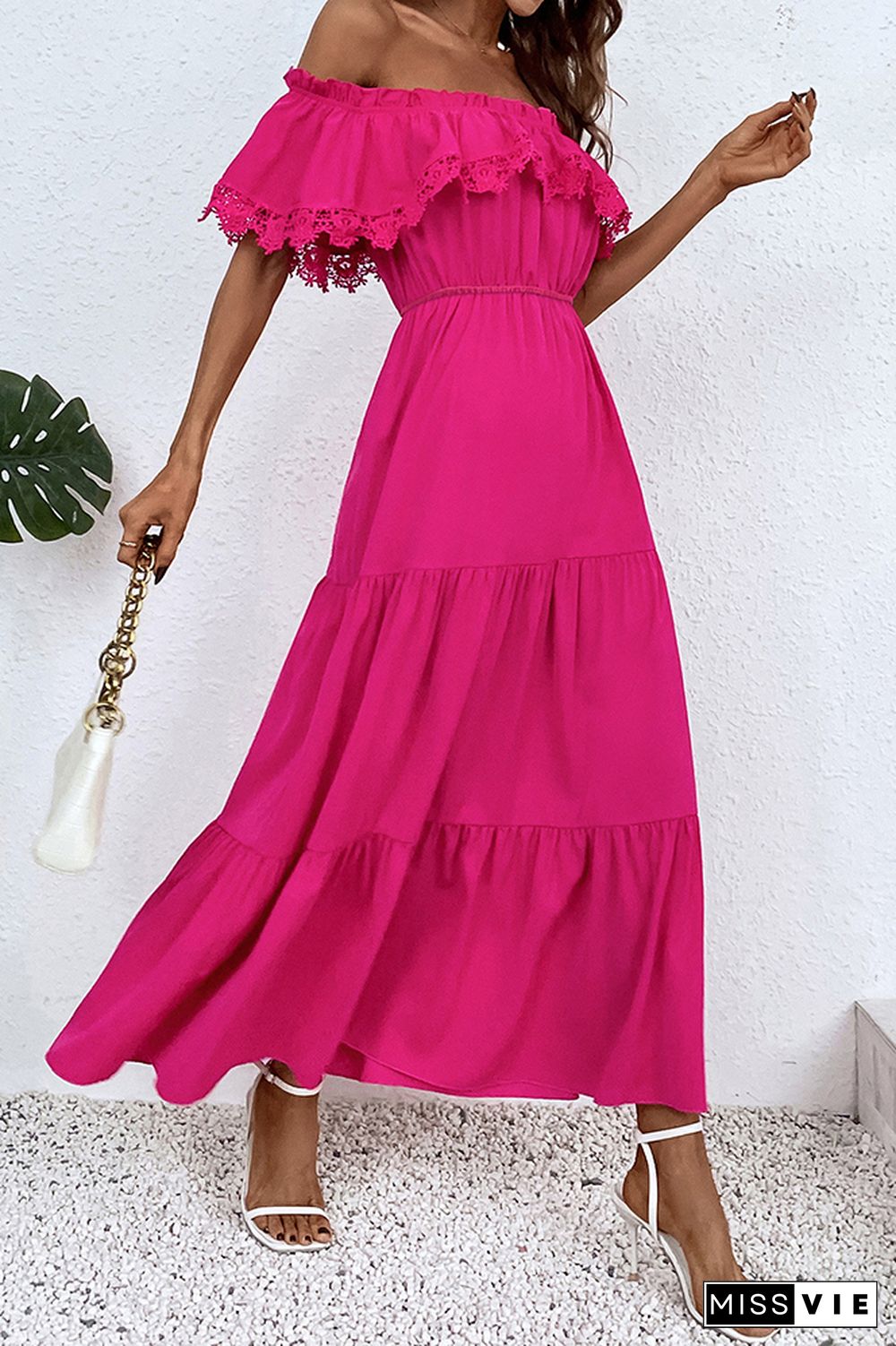 Rose Off Shoulder Frilled Lace Tiered Maxi Dress