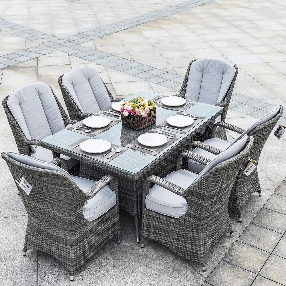 Abrihome 7 piece Outdoor Wicker Dining Table Set with 6 Eton Chairs