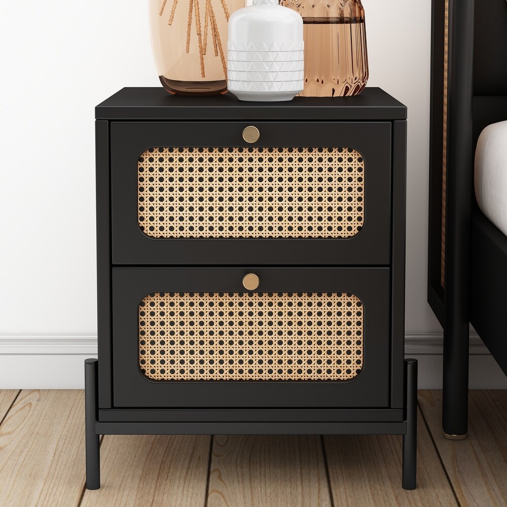 Cannage Rattan Closet 2 Drawer Walnut Bedside Table End Table Nightstand for Bedroom Living Room Entryway Hallway  Black