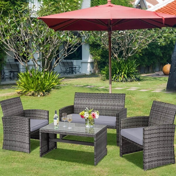 Costway 4PCS Patio Rattan Furniture Set Conversation Glass Table Top