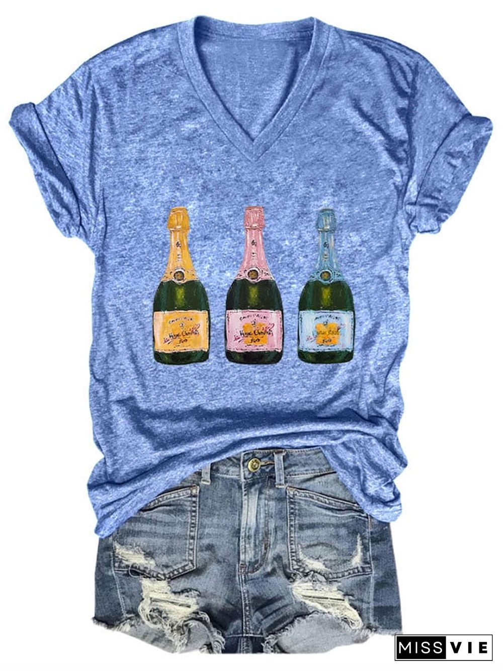 Women's Christmas Champagne Print V-Neck T-Shirt