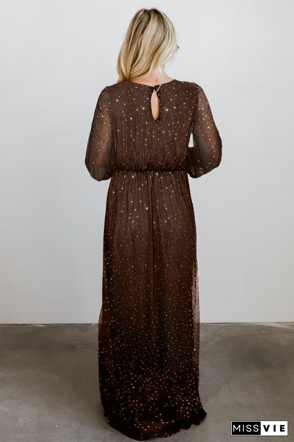 Brown Side Split Rhinestone V Neck Maxi Dress