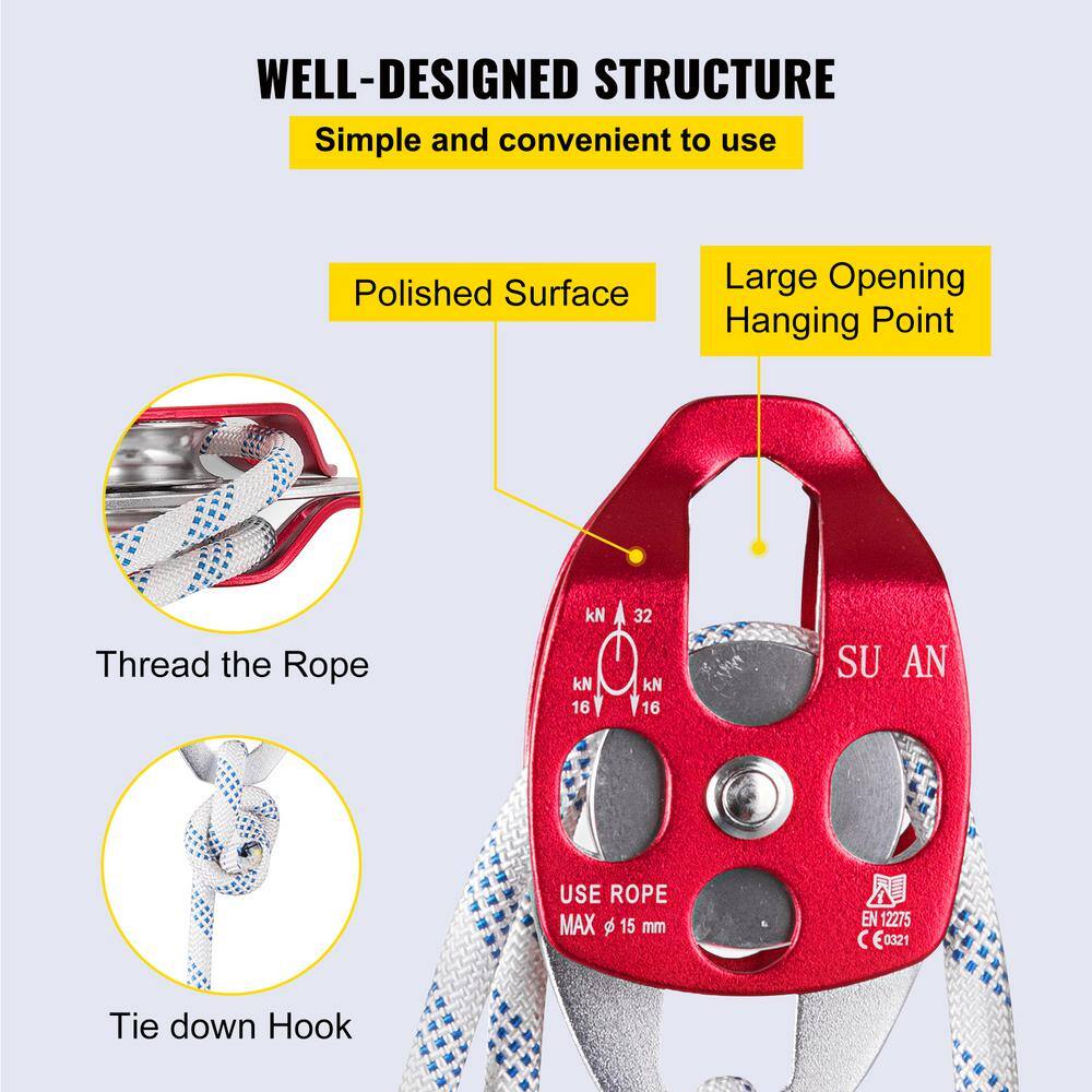 VEVOR 200 ft. L Twin Sheave Block and Tackle 6600 lbs. Capacity Double Pulley Rigging with Braid Rope for Climbing Red SHLSJTZ11MM61MJLSV0