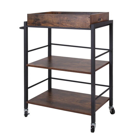 Tray Top Wooden Kitchen Cart with 2 Shelves and Ca...