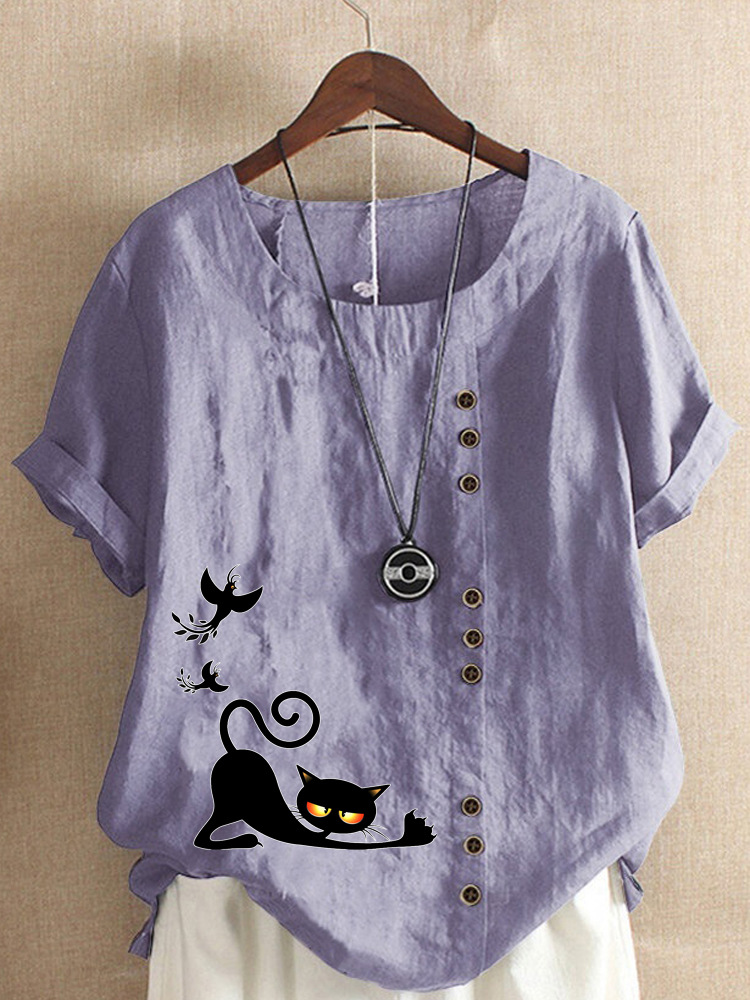 Round Neck Casual Loose Cat Print Short Sleeve Blouse