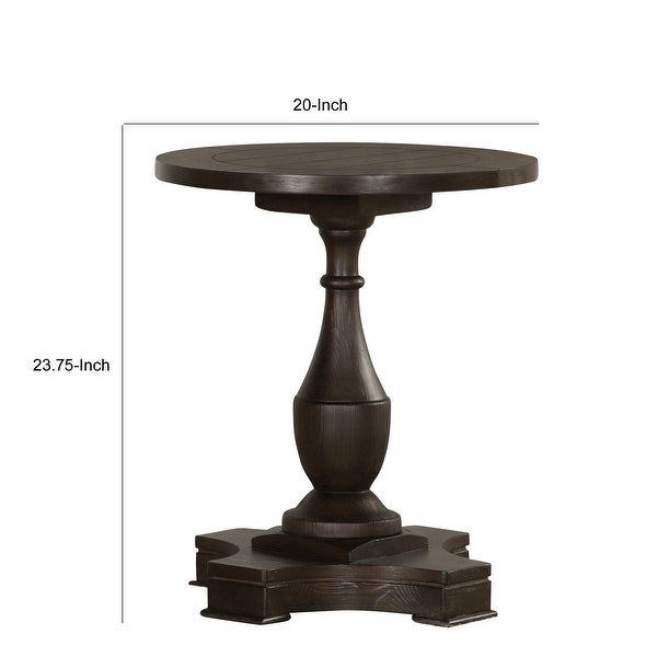 Aria 24 Inch Side End Table， Round Plank Top， Turned Pedestal， Dark Brown