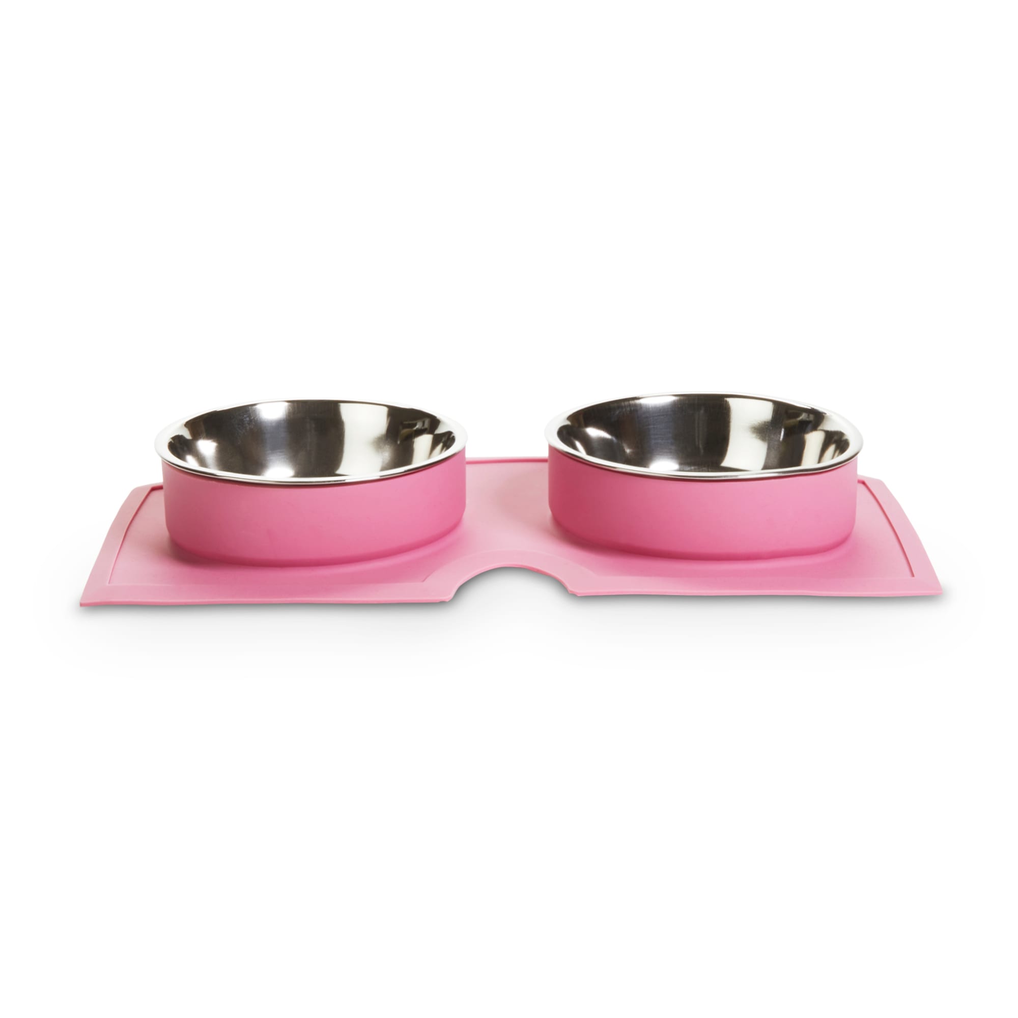 EveryYay Better Together Pink Silicone Double Diner with Stainless-Steel Bowls for Dogs， 2 Cups