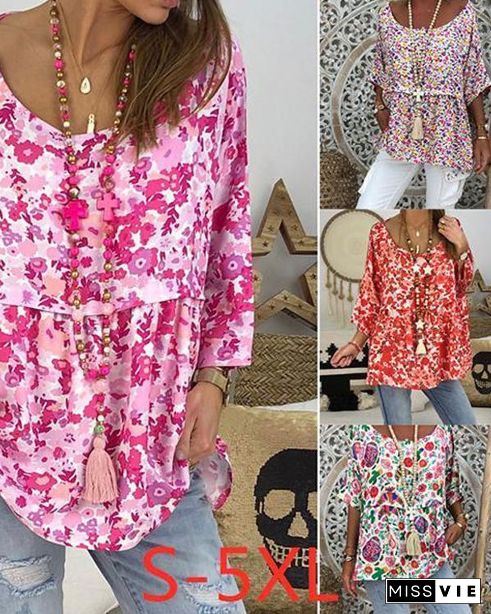 Women Plus Size Floral Printed 3/4 Sleeve Plus Size Blouses Tops