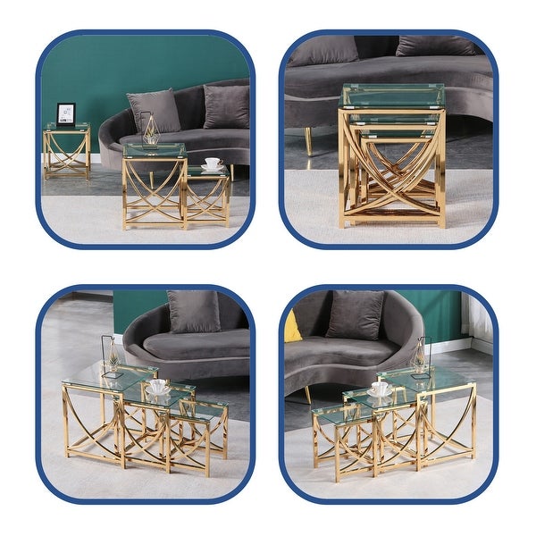 3 Pieces Gold Square Nesting Glass End Tables