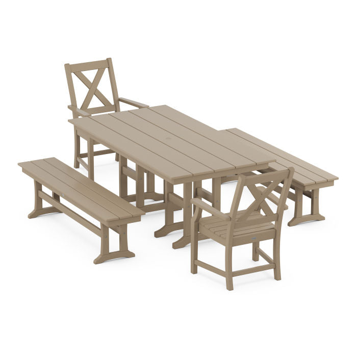 Polywood Braxton 5-Piece Farmhouse Dining Set with Benches in Vintage Finish PWS1168-1-V