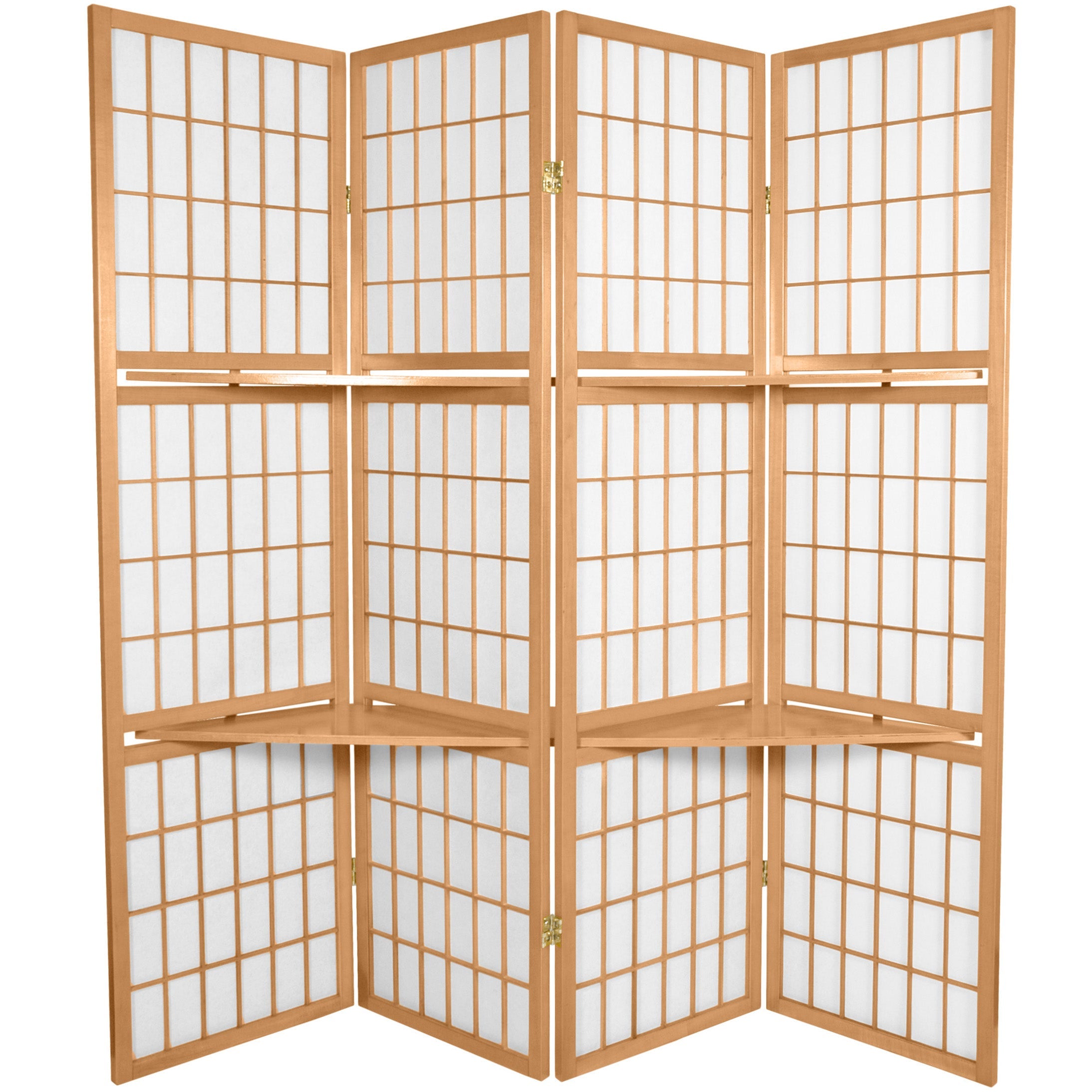 Oriental Furniture 5 1/2 ft. Tall Window Pane w/ Shelf Screen - Natural - 4 Panel