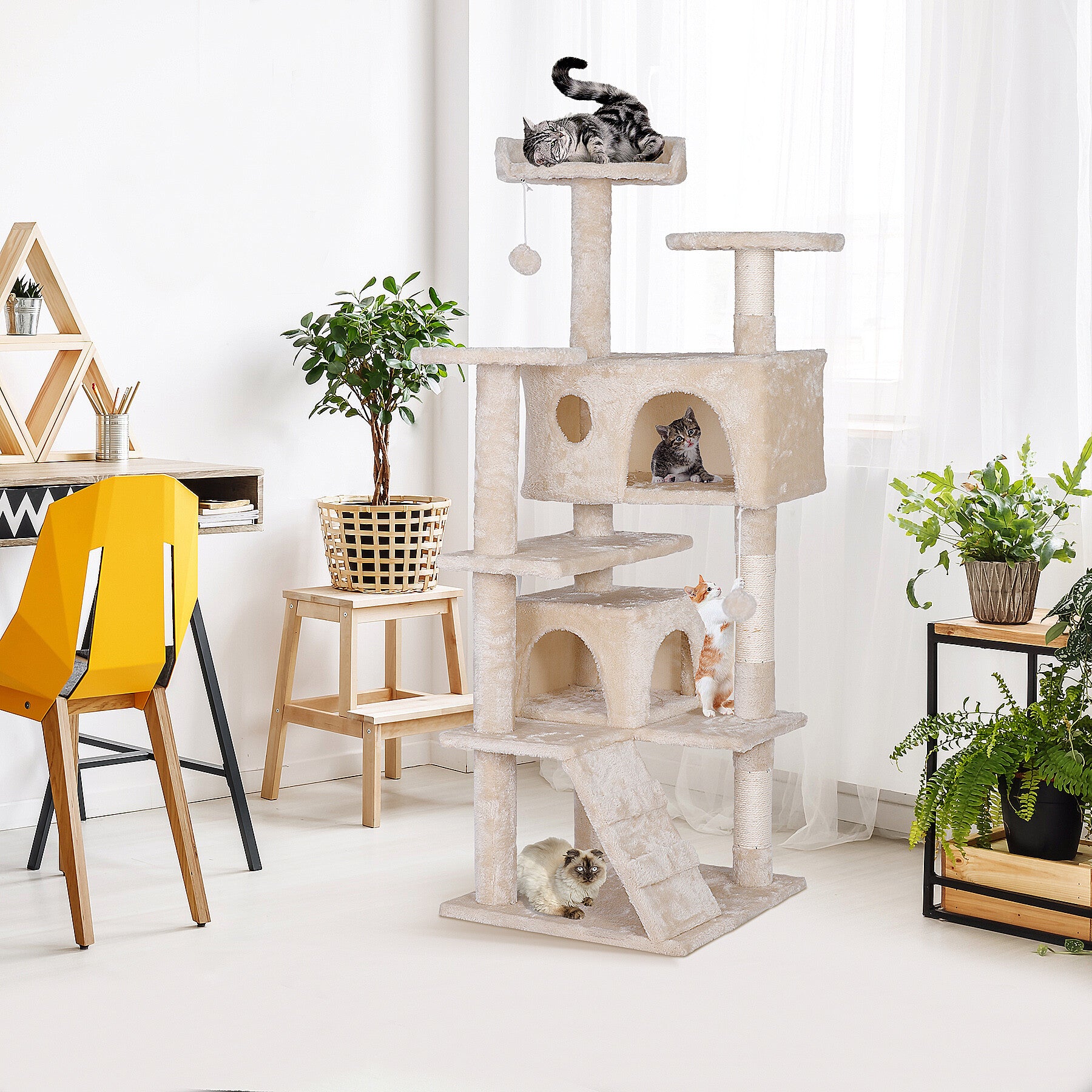 ZENSTYLE 55-in Cat Tree and Condo Scratching Post Tower， Beige