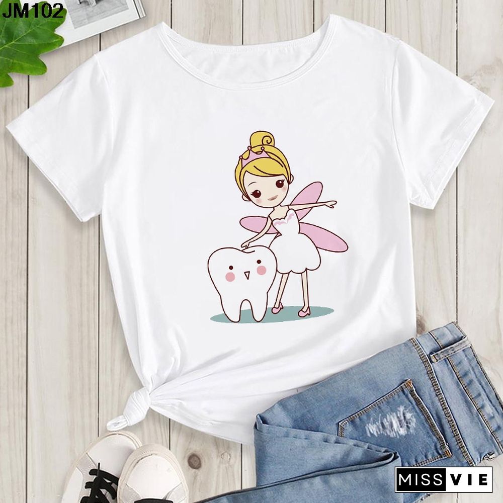 Aesthetic Funny Tooth Dentist Print Female Clothing T-shirt 90s Harajuku Kawaii O-neck Tshirt Summer Fashion Women's Top T Shirt