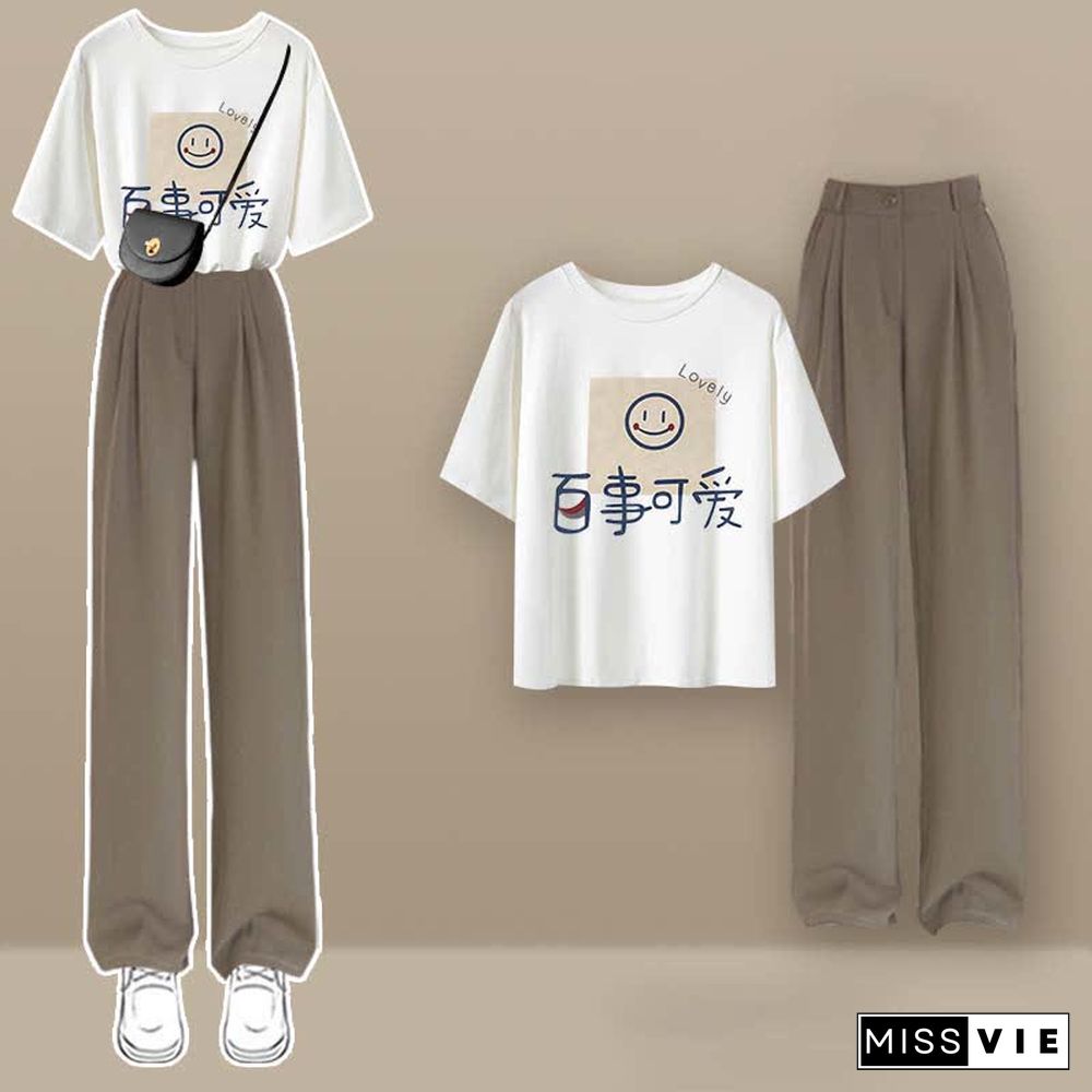 Colorblock Crop Top T-Shirt Casual Pants Two Pieces Set