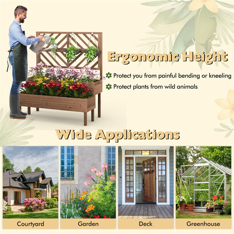 2-Tier Raised Garden Bed with Trellis Outdoor Wooden Elevated Planter Box for Vegetables