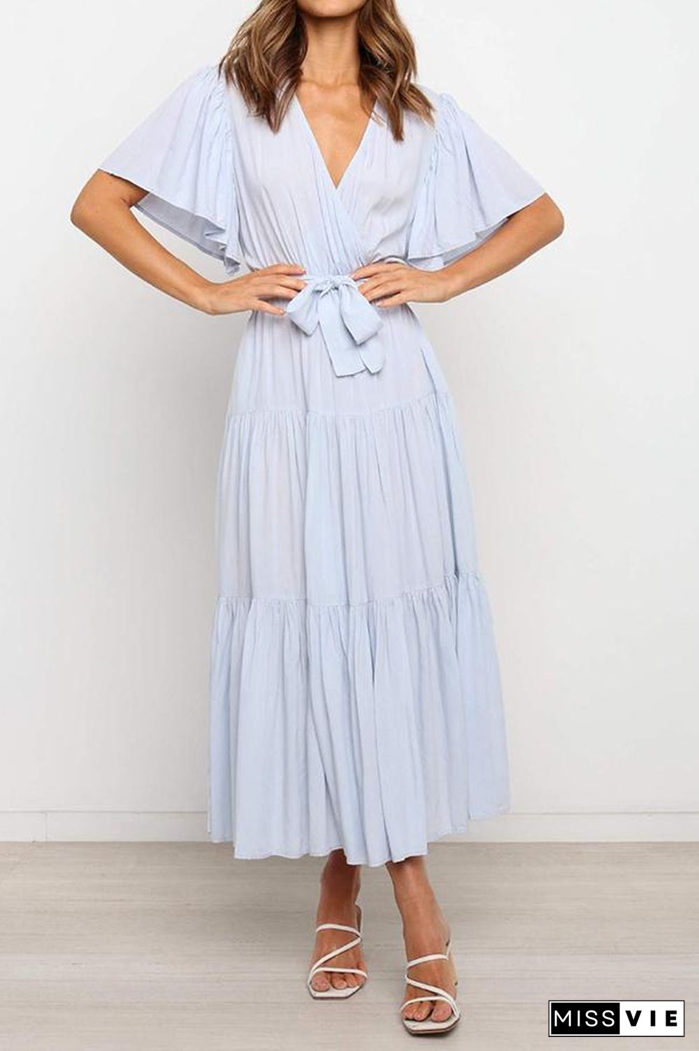 Ruffled Sleeve V-neck Tie Waist Maxi Dress P14492