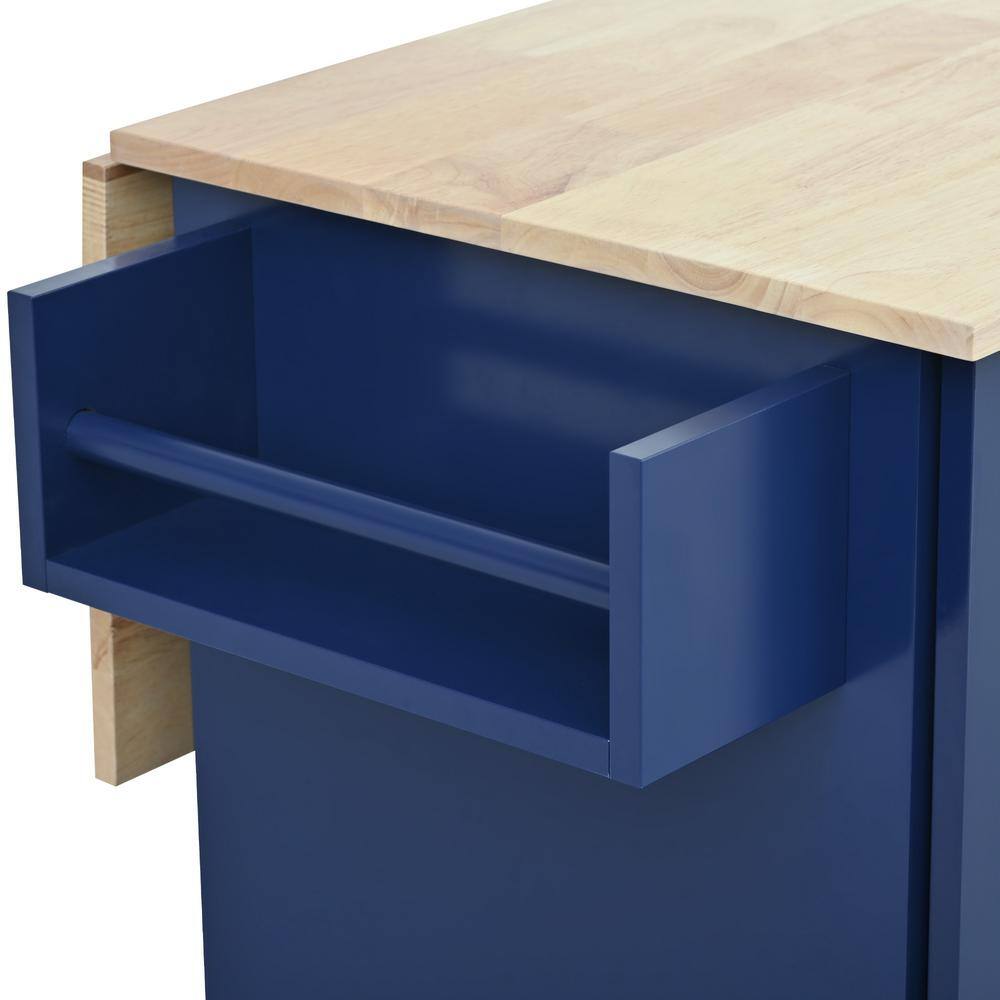 Aoibox Dark Blue Solid Wood Top 52.7 in. W Rolling Mobile Kitchen Island with Drop Leaf Locking Wheels and Storage Cabinet SNSA11IN015