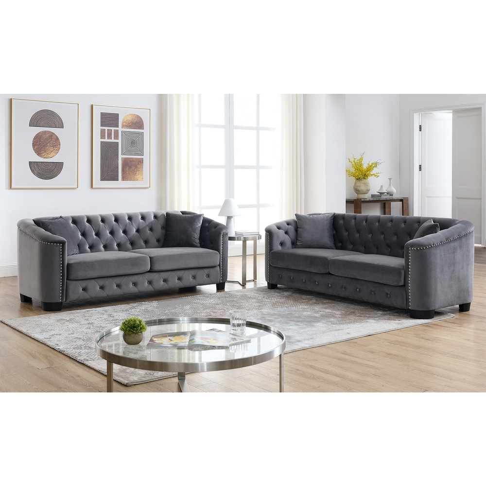 Modern Velvet Sofa Set with Nailhead Trim and Buttons (Includes Pillows  3 Seaters)